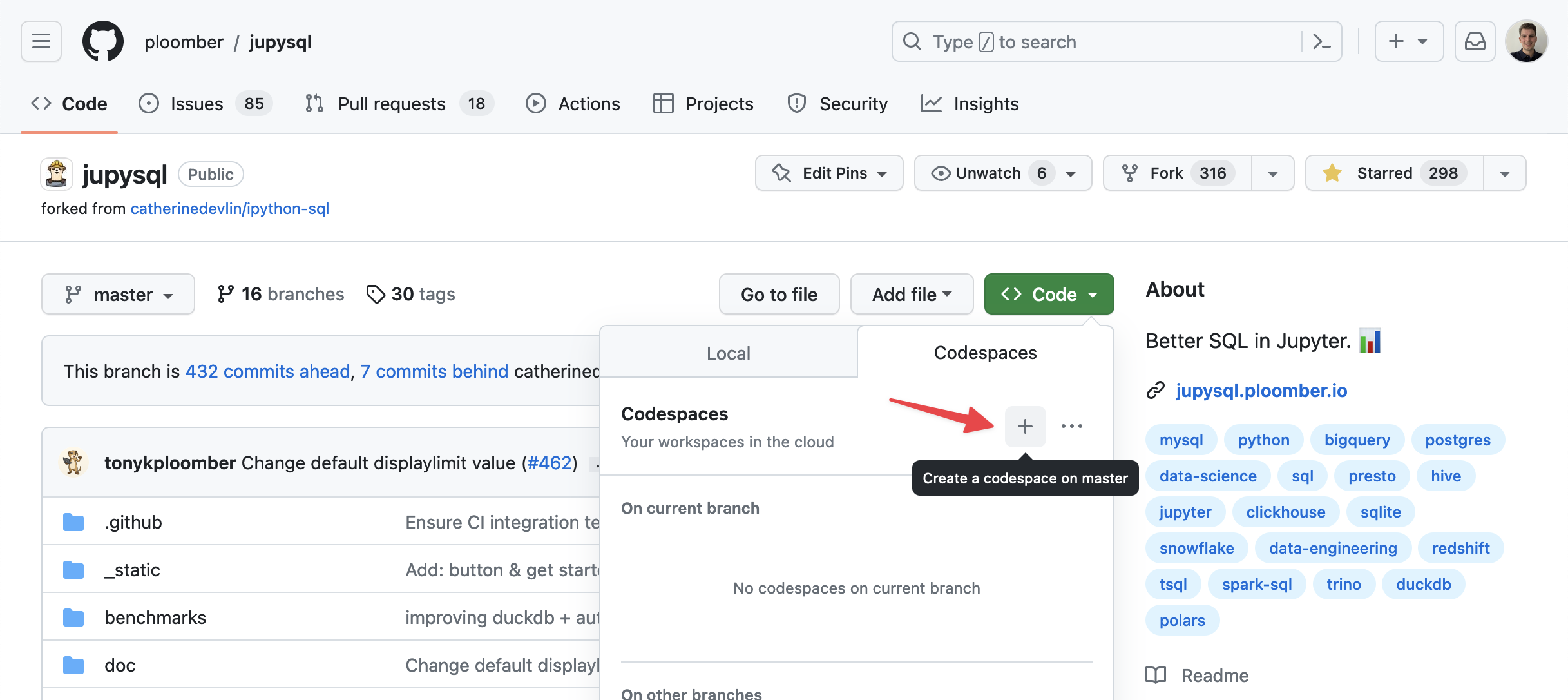 JupySQL github codespace